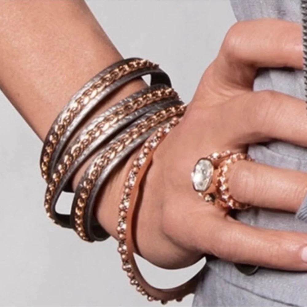 Premier Designs On the Edge Gray Leather, Rose Gold Tone Details Wrap Bracelet